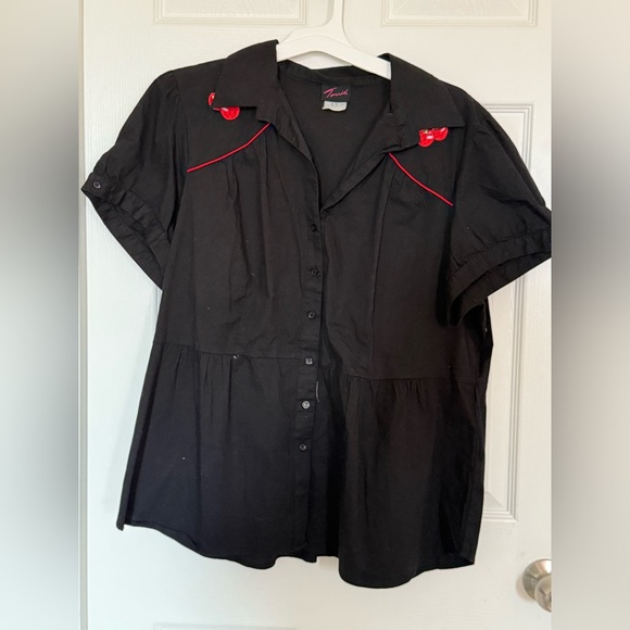 Torrid Black Button Down Shirt with Red Cherry Accents - Picture 2 of 11